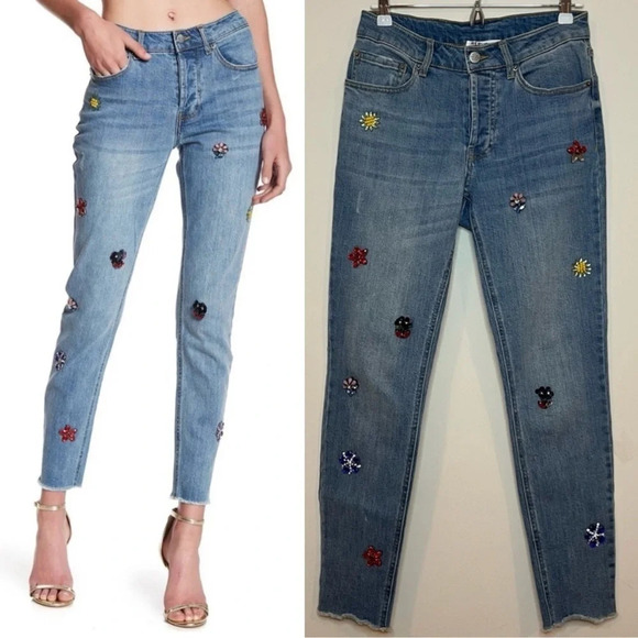 ☀️FOR THE REPUBLIC Floral Bead Appliqué Sequin Embroidered Skinny Jeans - Picture 1 of 15